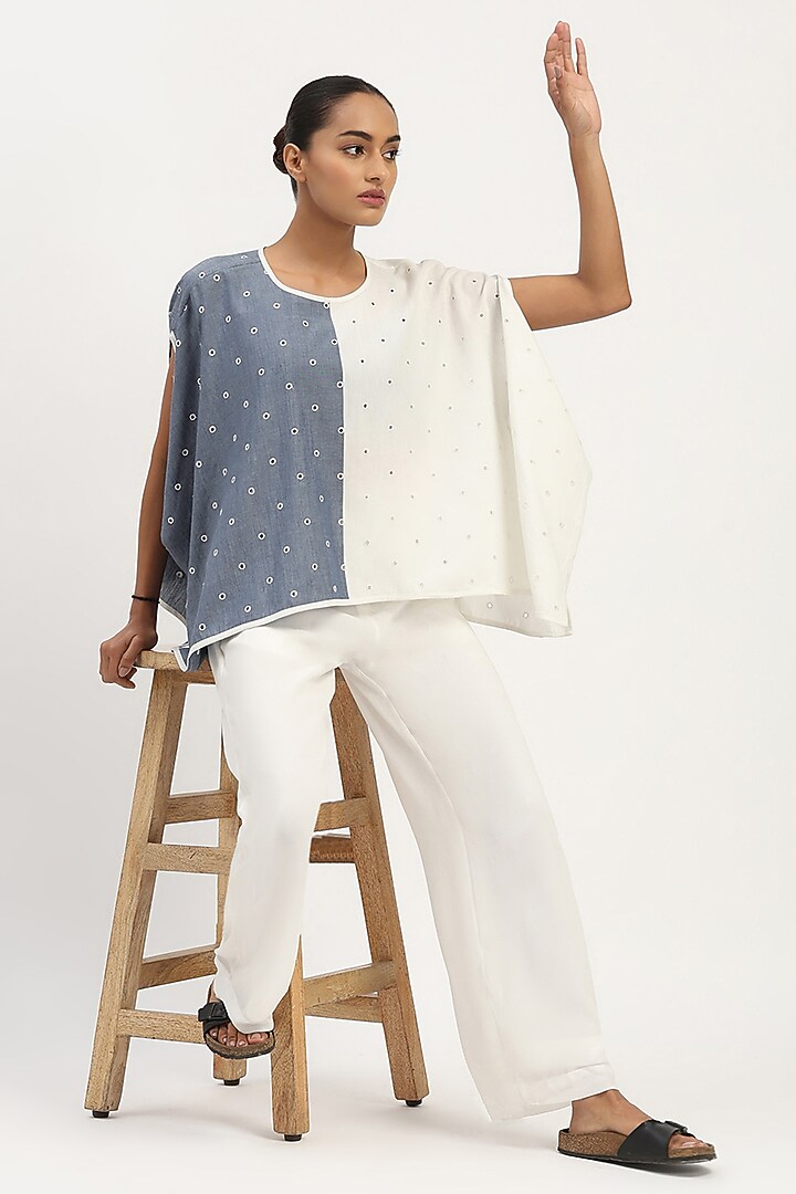 Indigo & Ivory Cotton Tencel Embroidered Schiffli Top by Abraham & Thakore at Pernia's Pop Up Shop
