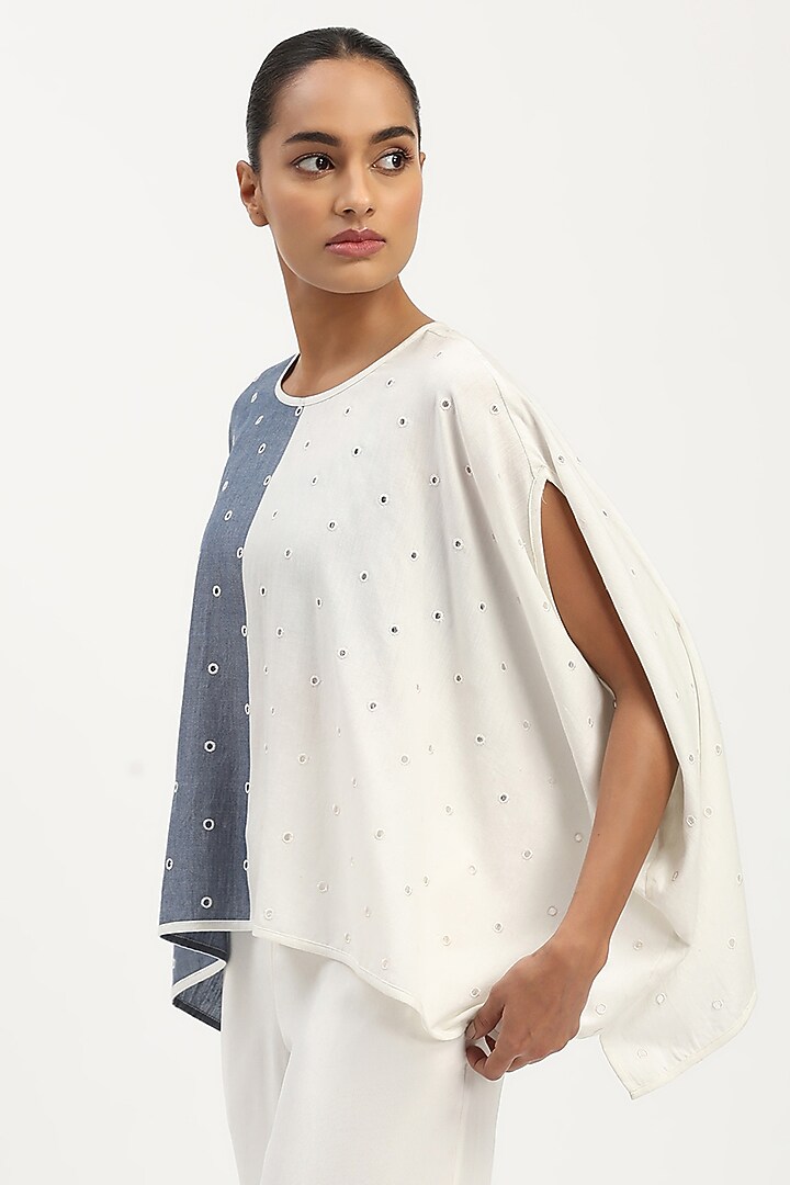 Indigo & Ivory Cotton Tencel Embroidered Schiffli Top by Abraham & Thakore at Pernia's Pop Up Shop