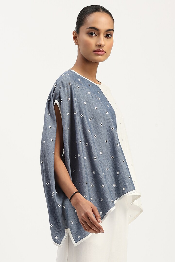 Indigo & Ivory Cotton Tencel Embroidered Schiffli Top by Abraham & Thakore at Pernia's Pop Up Shop