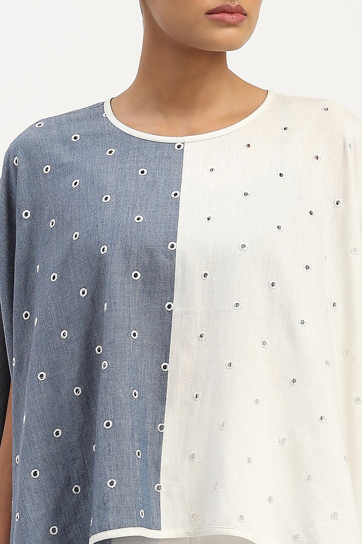 Indigo & Ivory Cotton Tencel Embroidered Schiffli Top by Abraham & Thakore at Pernia's Pop Up Shop