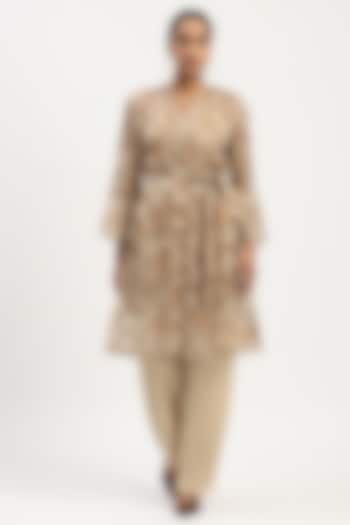 Beige Organza Printed & Embroidered Jacket by Abraham & Thakore at Pernia's Pop Up Shop