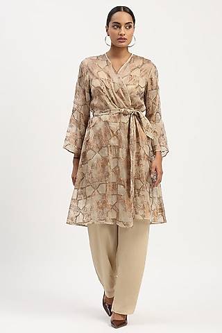 Beige Organza Printed & Embroidered Jacket by Abraham & Thakore