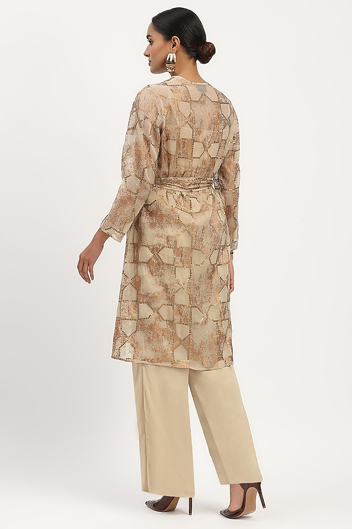 Beige Organza Printed & Embroidered Jacket by Abraham & Thakore at Pernia's Pop Up Shop
