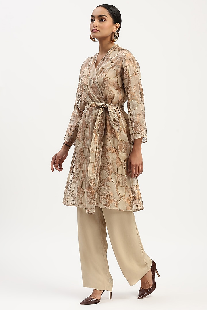 Beige Organza Printed & Embroidered Jacket by Abraham & Thakore at Pernia's Pop Up Shop