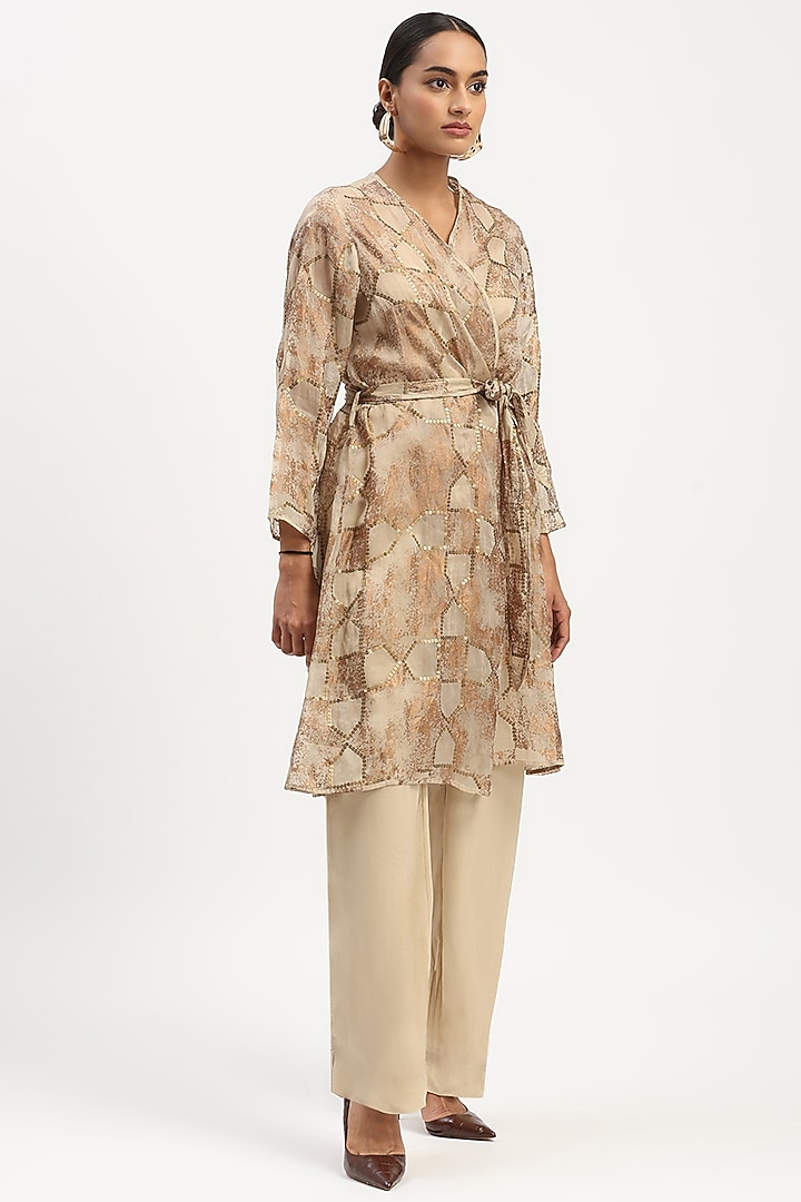 Beige Organza Printed & Embroidered Jacket by Abraham & Thakore at Pernia's Pop Up Shop