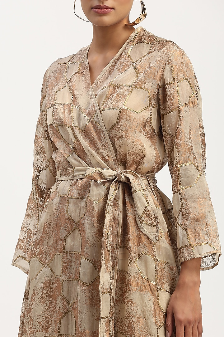 Beige Organza Printed & Embroidered Jacket by Abraham & Thakore at Pernia's Pop Up Shop