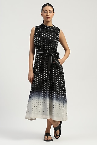 Black & Ivory Chanderi Embroidered Dress by Abraham & Thakore