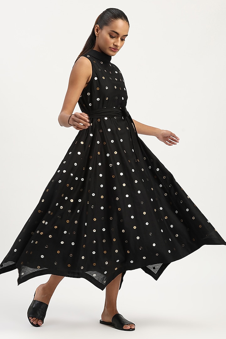 Black Chanderi Sequins Embroidered Vacation Dress by Abraham & Thakore at Pernia's Pop Up Shop