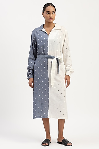 Indigo & Ivory Cotton Tencel Embroidered Dress by Abraham & Thakore