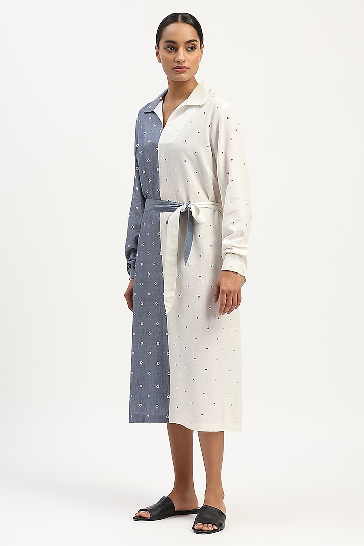 Indigo & Ivory Cotton Tencel Embroidered Summer Dress by Abraham & Thakore at Pernia's Pop Up Shop