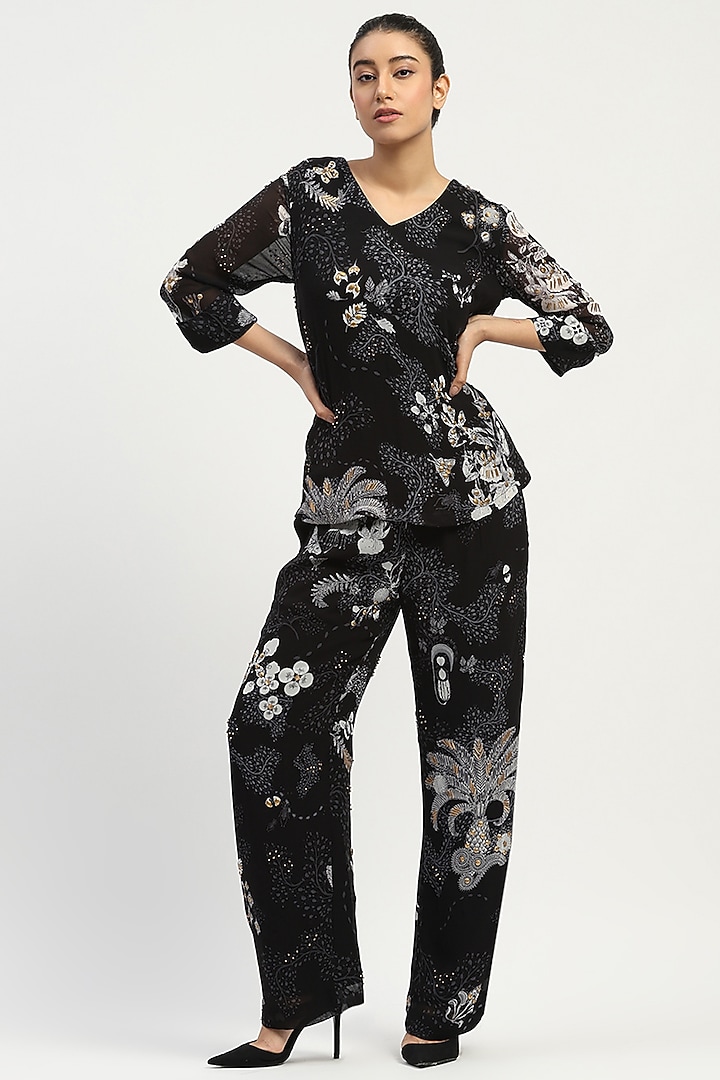 Black Viscose Georgette Printed Co-Ord Set by Abraham & Thakore at Pernia's Pop Up Shop