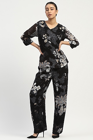 Black Viscose Georgette Printed Co-Ord Set by Abraham & Thakore