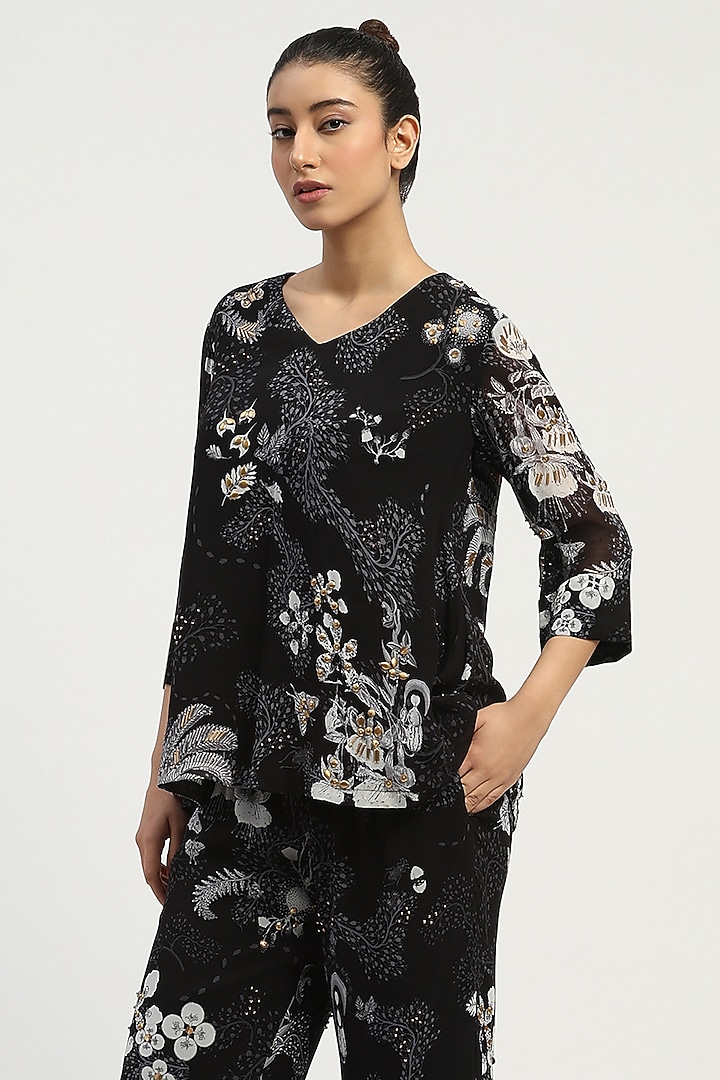 Black Viscose Georgette Printed Co-Ord Set by Abraham & Thakore at Pernia's Pop Up Shop