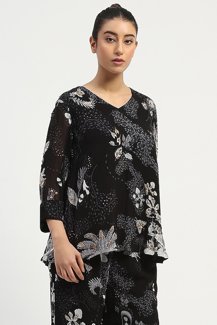 Black Viscose Georgette Printed Co-Ord Set by Abraham & Thakore at Pernia's Pop Up Shop
