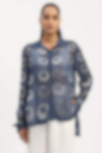Indigo Viscose Georgette Crescent Moons Embroidered Shirt by Abraham & Thakore at Pernia's Pop Up Shop