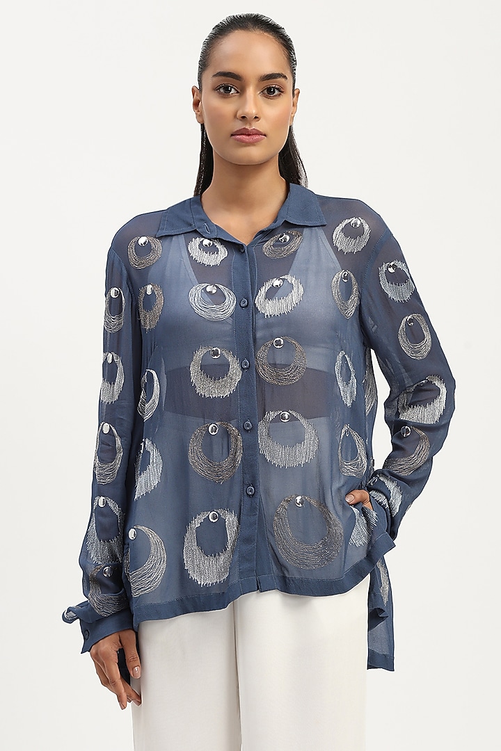 Indigo Viscose Georgette Crescent Moons Embroidered Shirt by Abraham & Thakore at Pernia's Pop Up Shop