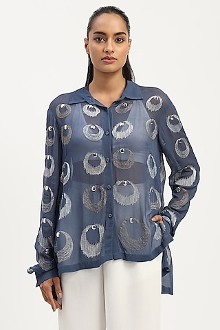 Indigo Viscose Georgette Crescent Moons Embroidered Shirt by Abraham & Thakore