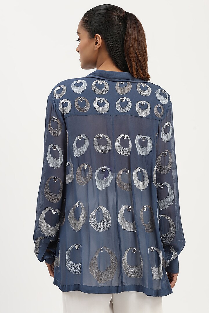 Indigo Viscose Georgette Crescent Moons Embroidered Shirt by Abraham & Thakore at Pernia's Pop Up Shop