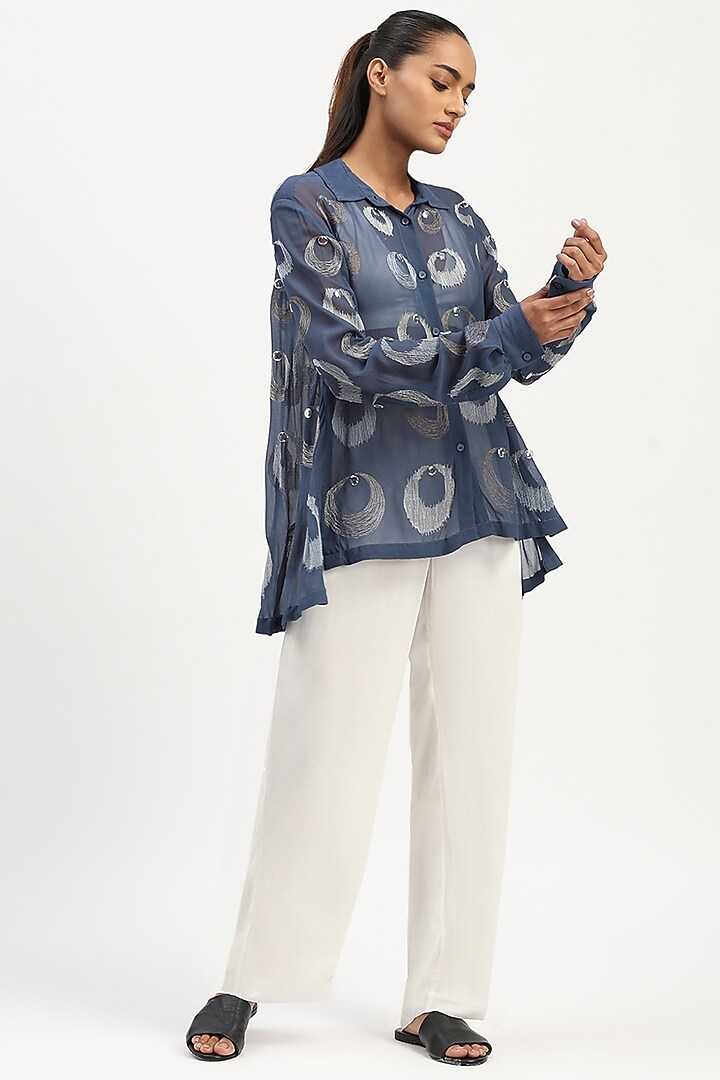 Indigo Viscose Georgette Crescent Moons Embroidered Shirt by Abraham & Thakore at Pernia's Pop Up Shop