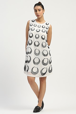 Ivory Viscose Georgette Crescent Moons Embroidered Mini Dress by Abraham & Thakore