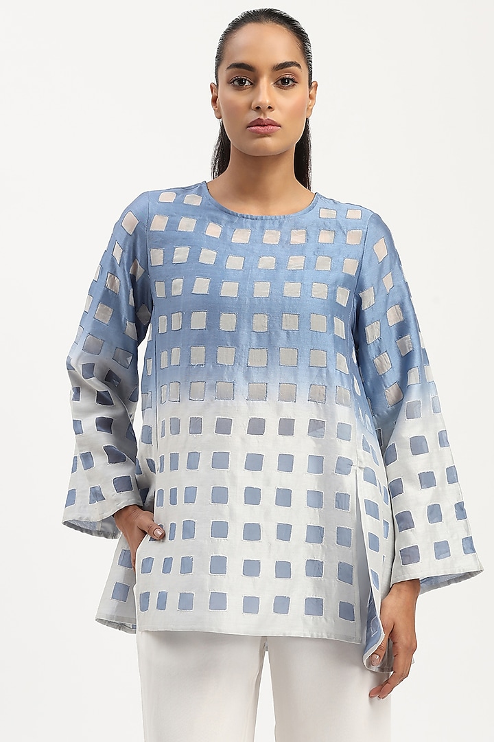 Ivory & Blue Chanderi Tie-Dye Top by Abraham & Thakore at Pernia's Pop Up Shop