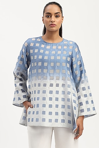 Ivory & Blue Chanderi Tie-Dye Top by Abraham & Thakore