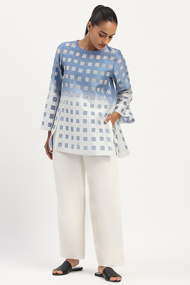 Ivory & Blue Chanderi Tie-Dye Top by Abraham & Thakore at Pernia's Pop Up Shop
