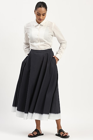 Black & Ivory Cotton Poplin Midi Skirt by Abraham & Thakore