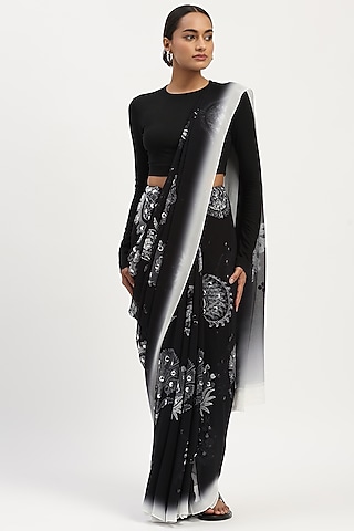 Black Viscose Georgette Printed Saree by Abraham & Thakore