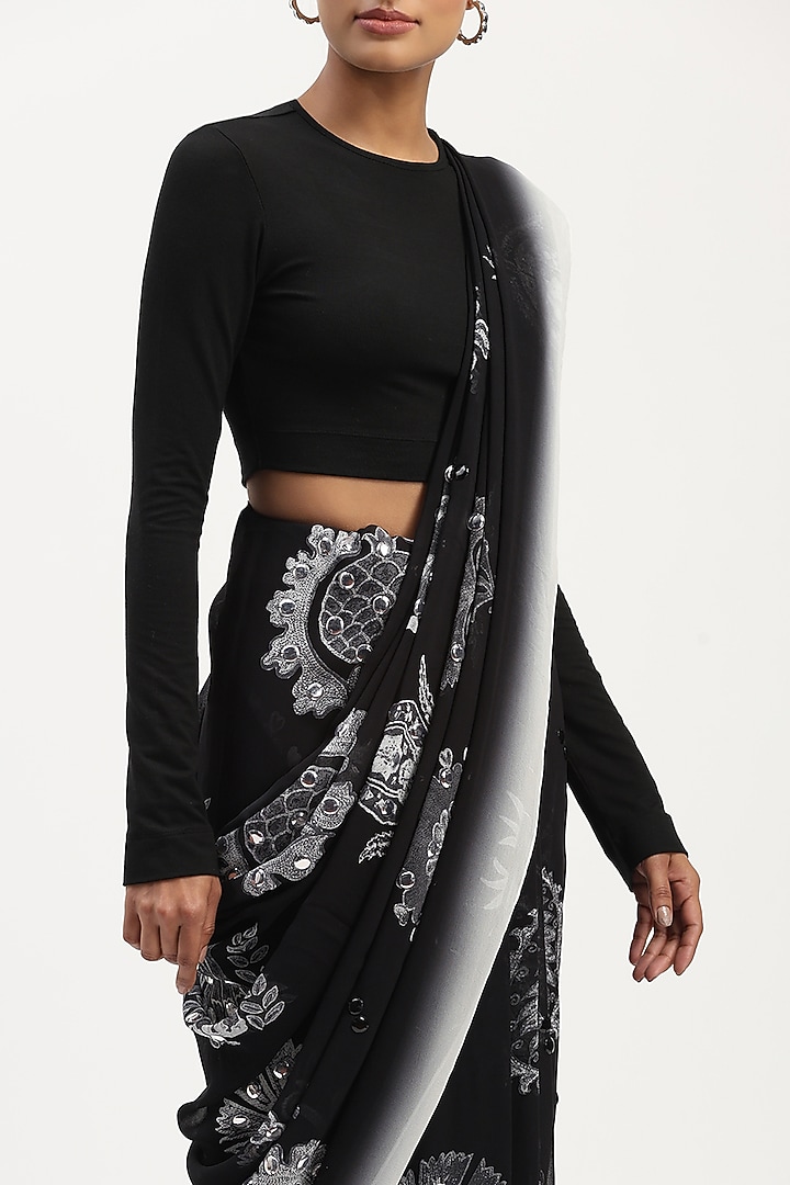 Black Viscose Georgette Printed Party Wear Saree by Abraham & Thakore at Pernia's Pop Up Shop