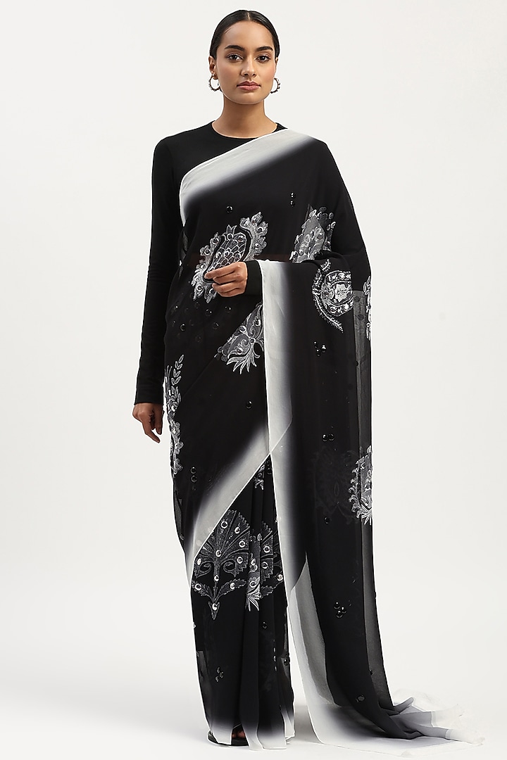 Black Viscose Georgette Printed Party Wear Saree by Abraham & Thakore at Pernia's Pop Up Shop