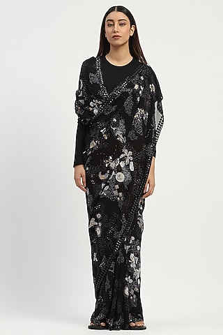 Black Ombre Viscose Georgette Printed Saree by Abraham & Thakore