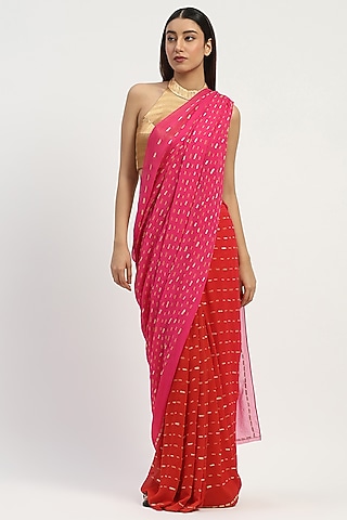 Fuchsia Viscose Georgette Printed Saree by Abraham & Thakore