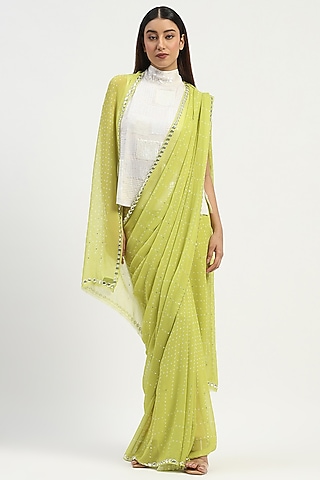 Lime Viscose Georgette Bandhani Printed Saree by Abraham & Thakore