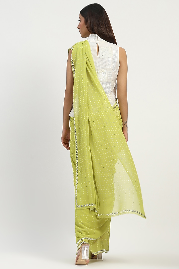 Lime Viscose Georgette Bandhani Printed Party Wear Saree by Abraham & Thakore at Pernia's Pop Up Shop