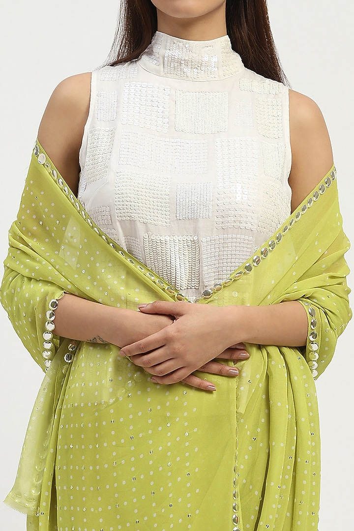 Lime Viscose Georgette Bandhani Printed Party Wear Saree by Abraham & Thakore at Pernia's Pop Up Shop