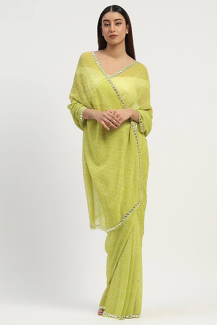 Lime Viscose Georgette Bandhani Printed Party Wear Saree by Abraham & Thakore at Pernia's Pop Up Shop