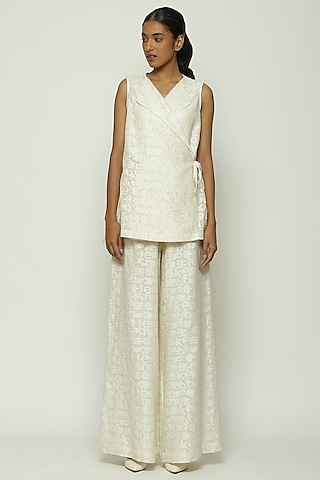 Ivory Cotton & Silk Handwoven Palazzo Pants by Abraham & Thakore