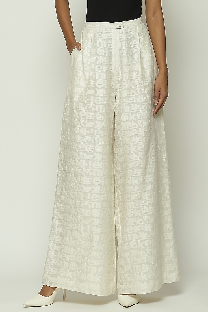 Ivory Cotton & Silk Handwoven Palazzo Pants by Abraham & Thakore at Pernia's Pop Up Shop