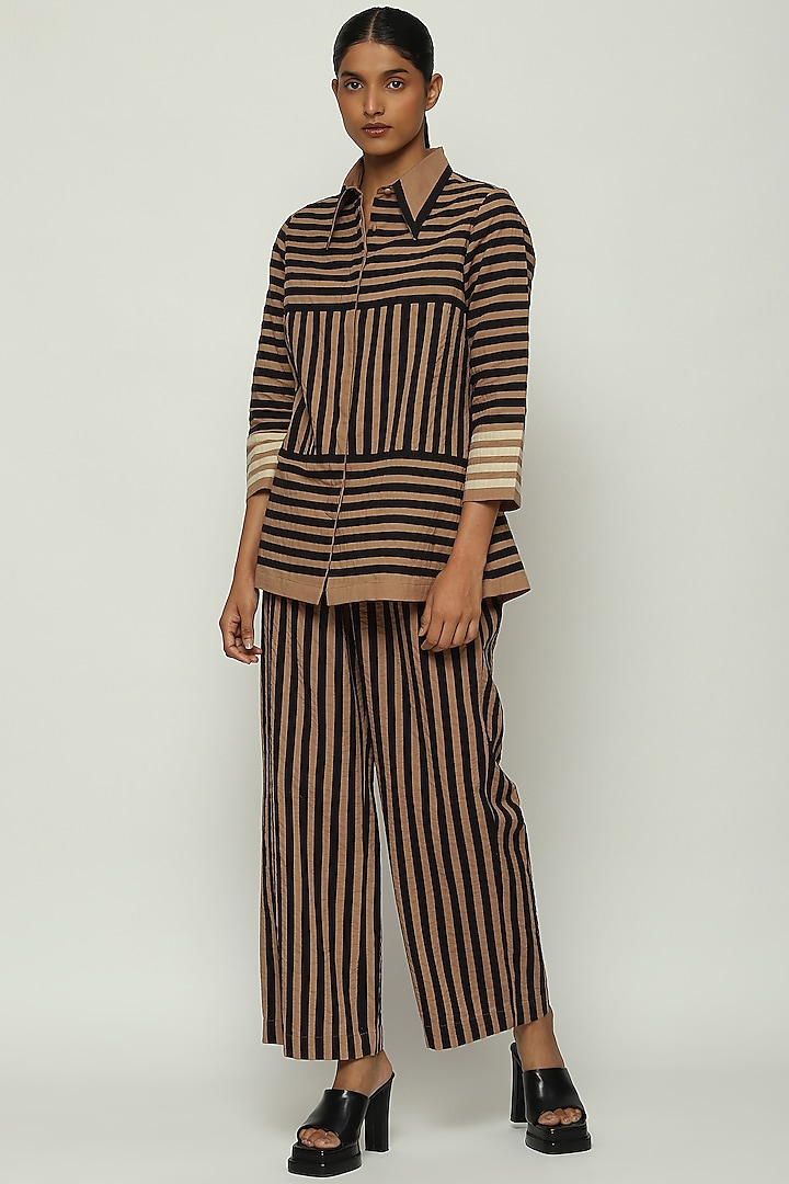 Peanut Brown Cotton Cambric Striped Straight Pants by Abraham & Thakore at Pernia's Pop Up Shop