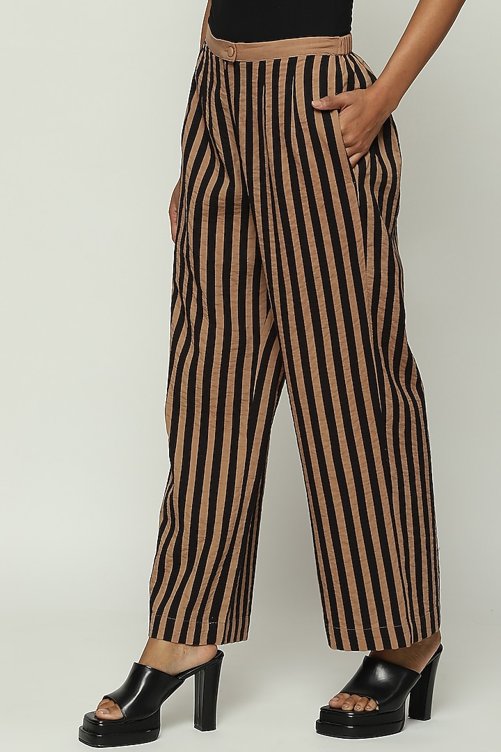 Peanut Brown Cotton Cambric Striped Straight Pants by Abraham & Thakore at Pernia's Pop Up Shop