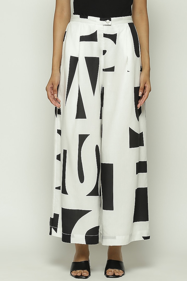White Tencel Cotton Printed Palazzo Pants by Abraham & Thakore at Pernia's Pop Up Shop