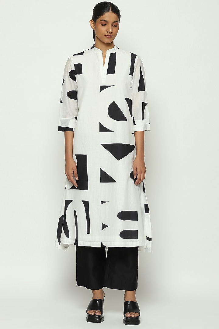 White Tencel Cotton Printed Kurta by Abraham & Thakore at Pernia's Pop Up Shop