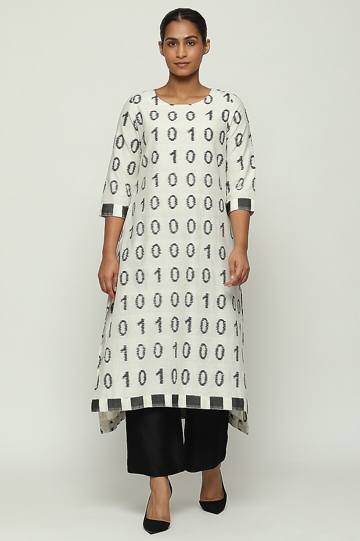Ivory Cotton & Silk Ikat Woven Kurta by Abraham & Thakore at Pernia's Pop Up Shop