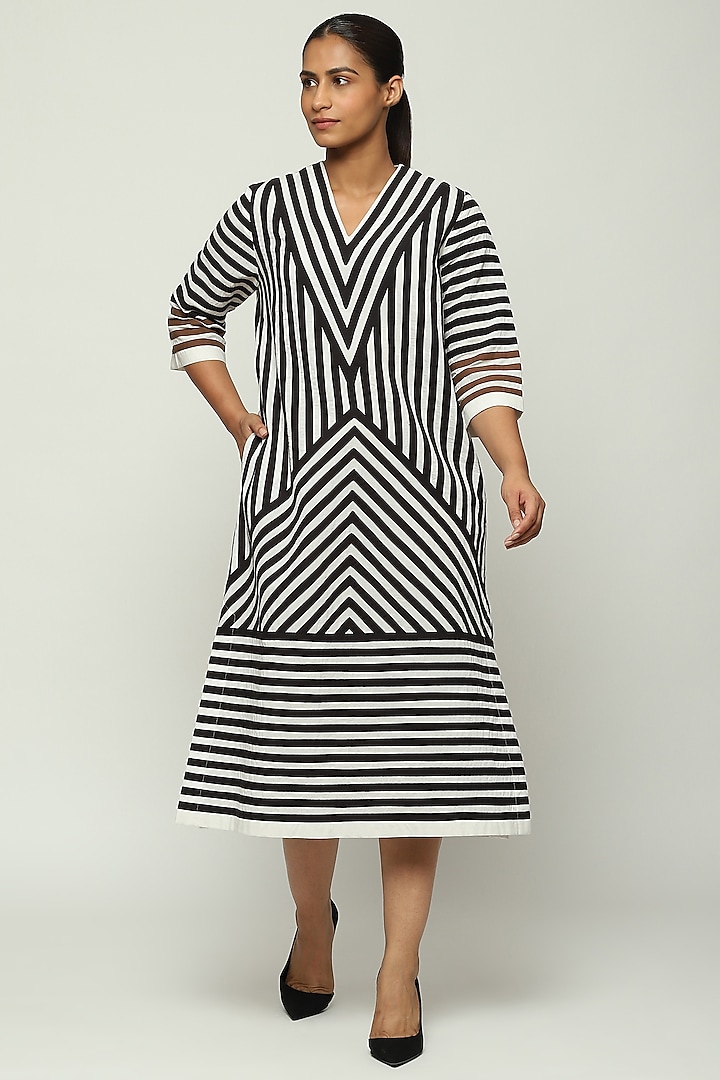 Ivory Cotton Cambric Striped Dress by Abraham & Thakore at Pernia's Pop Up Shop