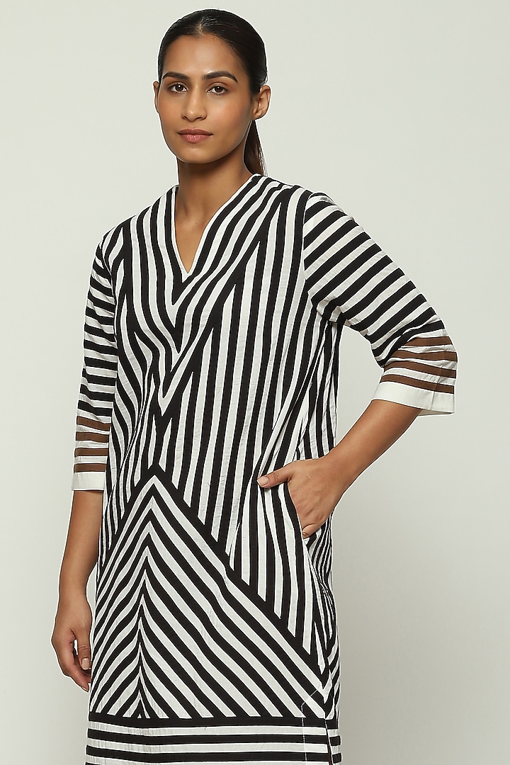 Ivory Cotton Cambric Striped Vacation Dress by Abraham & Thakore at Pernia's Pop Up Shop