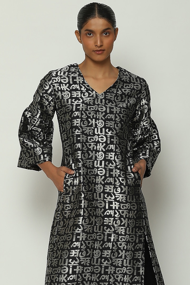 Black Cotton & Silk Zari Brocade Woven Jacket by Abraham & Thakore at Pernia's Pop Up Shop