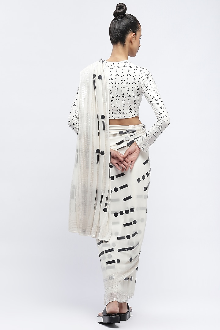 White Silk Georgette Sequins Embroidered Wedding Saree by Abraham & Thakore at Pernia's Pop Up Shop