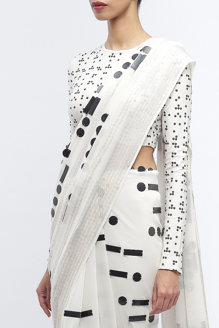 White Silk Georgette Sequins Embroidered Wedding Saree by Abraham & Thakore at Pernia's Pop Up Shop