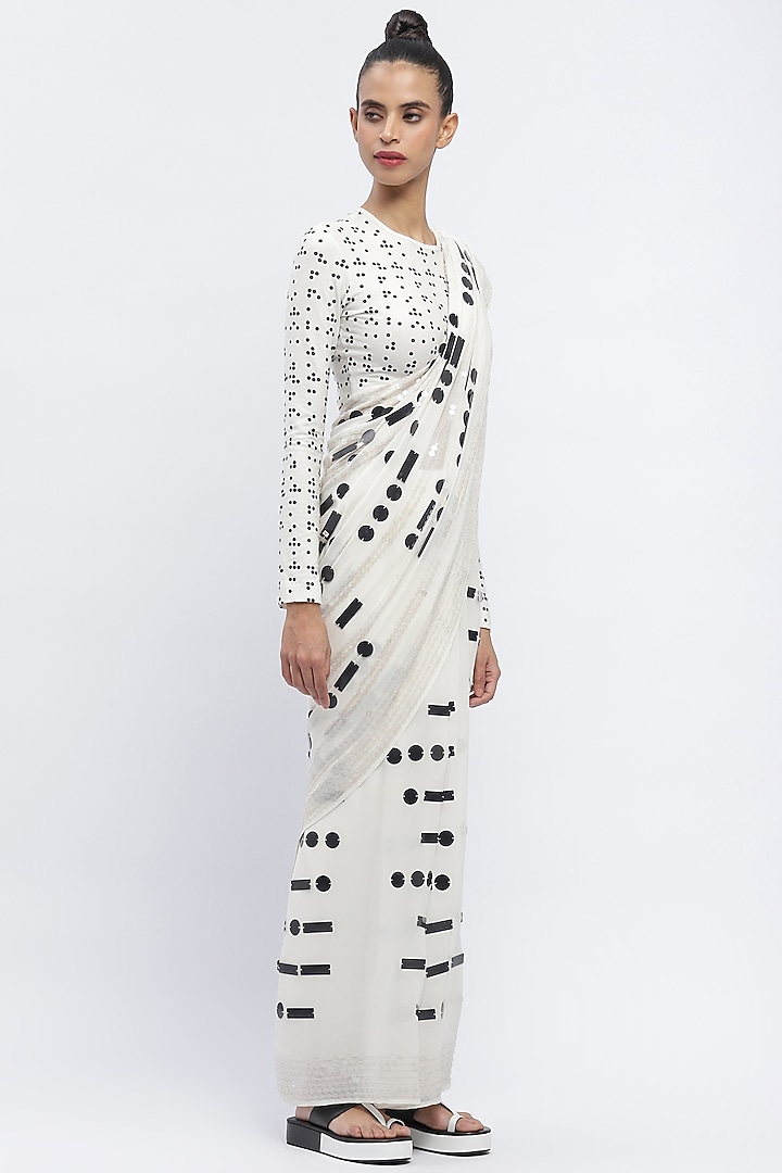 White Silk Georgette Sequins Embroidered Wedding Saree by Abraham & Thakore at Pernia's Pop Up Shop